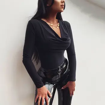 

Women Long Sleeve Bodysuit V Neck Tops Slim Fit Autumn Leotard Jumpsuit Bodycon Mid Waist Skinny Autumn Plain Elegant Playsuit