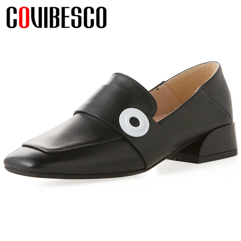 

COVIBESCO High Quality Women Pumps Cow Leather Spring Autumn Casual Shallow Metal Decoration Square Toe Square Heeled