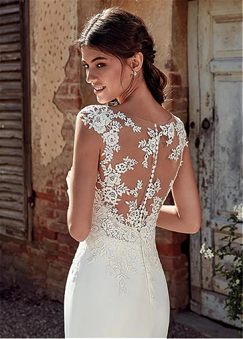 off the shoulder wedding dress Scoop Short Sleeves Lace Appliques Mermaid Wedding Dresses Natural Slim Buttons Back Women Bride 2021 Wedding Dress Spring Long blue wedding dress