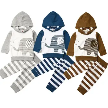 

Newborn Baby Boy Girl Clothing Striped Elephant Clothes Hood Tops Pants Autumn Casual Outfit Party Costume For Baby Clothing Set