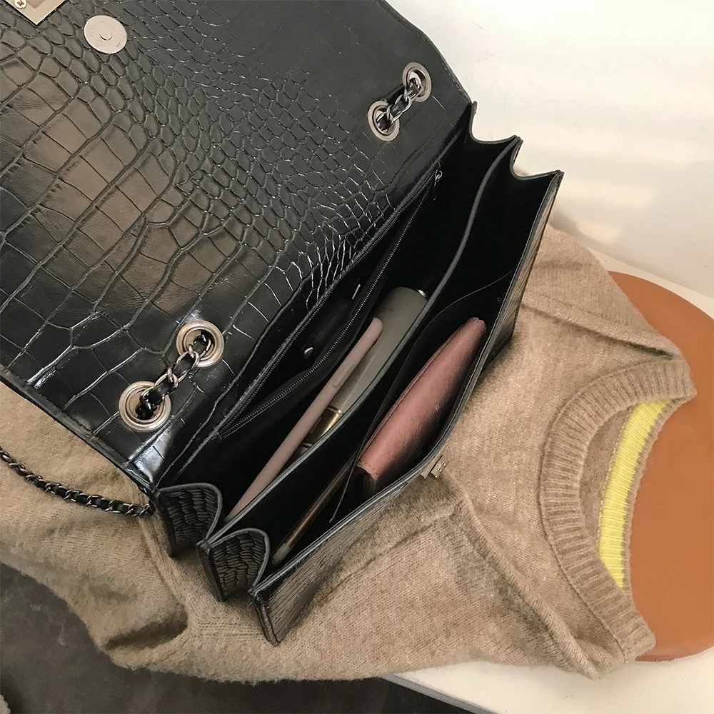 Crocodile Pattern Women Crossbody Bags Trendy Chain Female Simple Shoulder Bag Leather Solid Color Elegant Lady Messenger Bag
