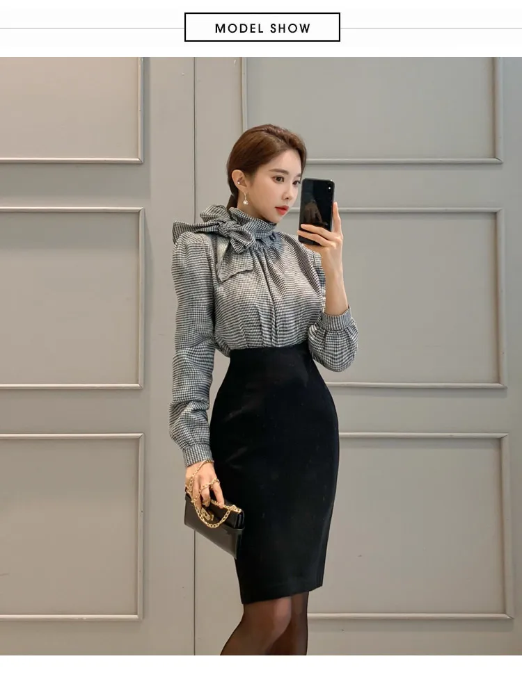 Зимняя Корейская двухсекционная офисная блуза Vestidos с клетчатым бантом, облегающая юбка-карандаш средней длины, комплекты платьев, сексуальные офисные костюмы OL