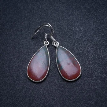 

Natural Blood Stone Handmade Vintage 925 Sterling Silver Earrings 1 1/2" T3690