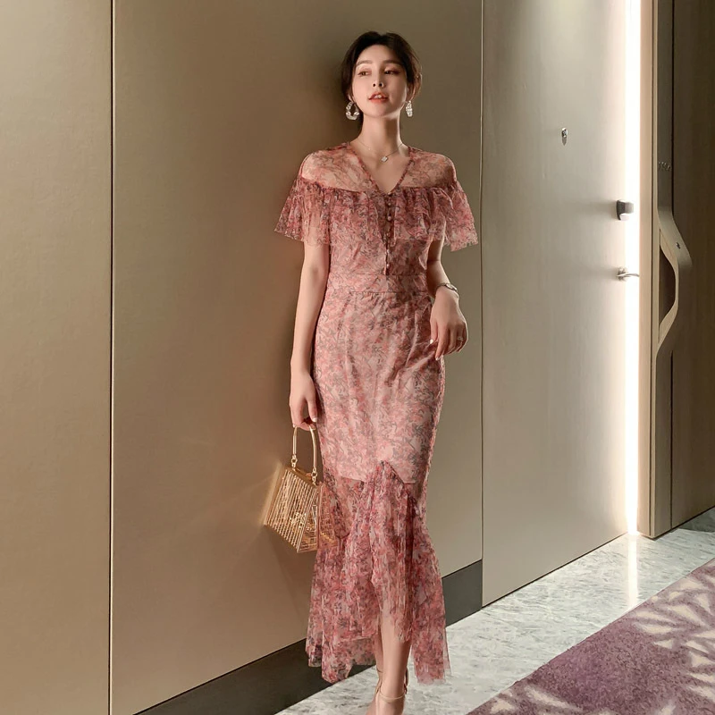 

2020 Summer Pink Dress Women Slash Neck Halter Print Floral Dress Ladies French Style Za Brand Casual Flower Dresses Women