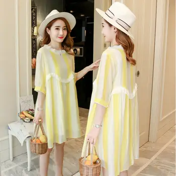 

Maternity Summer Dress New Fashion Korean Version Loose Large Size Short Sleeve Striped Chiffon Skirt Pregnant Women 's Clothing
