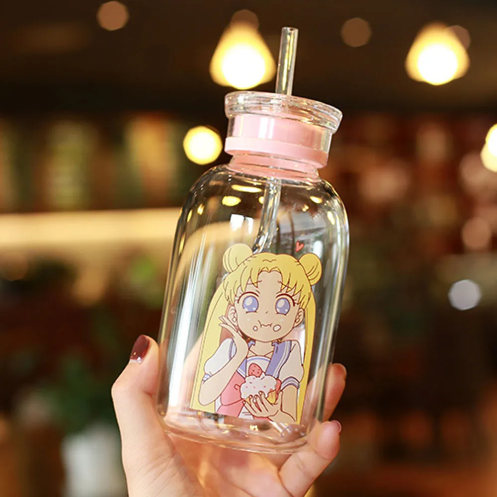 Jepang 450 Ml Sippy Botol Lucu Gambar Kartun Gadis Botol Kaca Untuk Air Susu Jus Mahasiswa Double Tutup Anti Bocor Botol Minum Botol Air Aliexpress