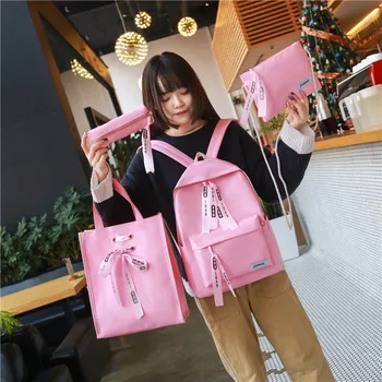 

4Sets/Pcs Canvas School Bags For Teens Girls Students Solid Ribbons Polyester Zipper Backpacks Student Bookback Women Bags 2020
