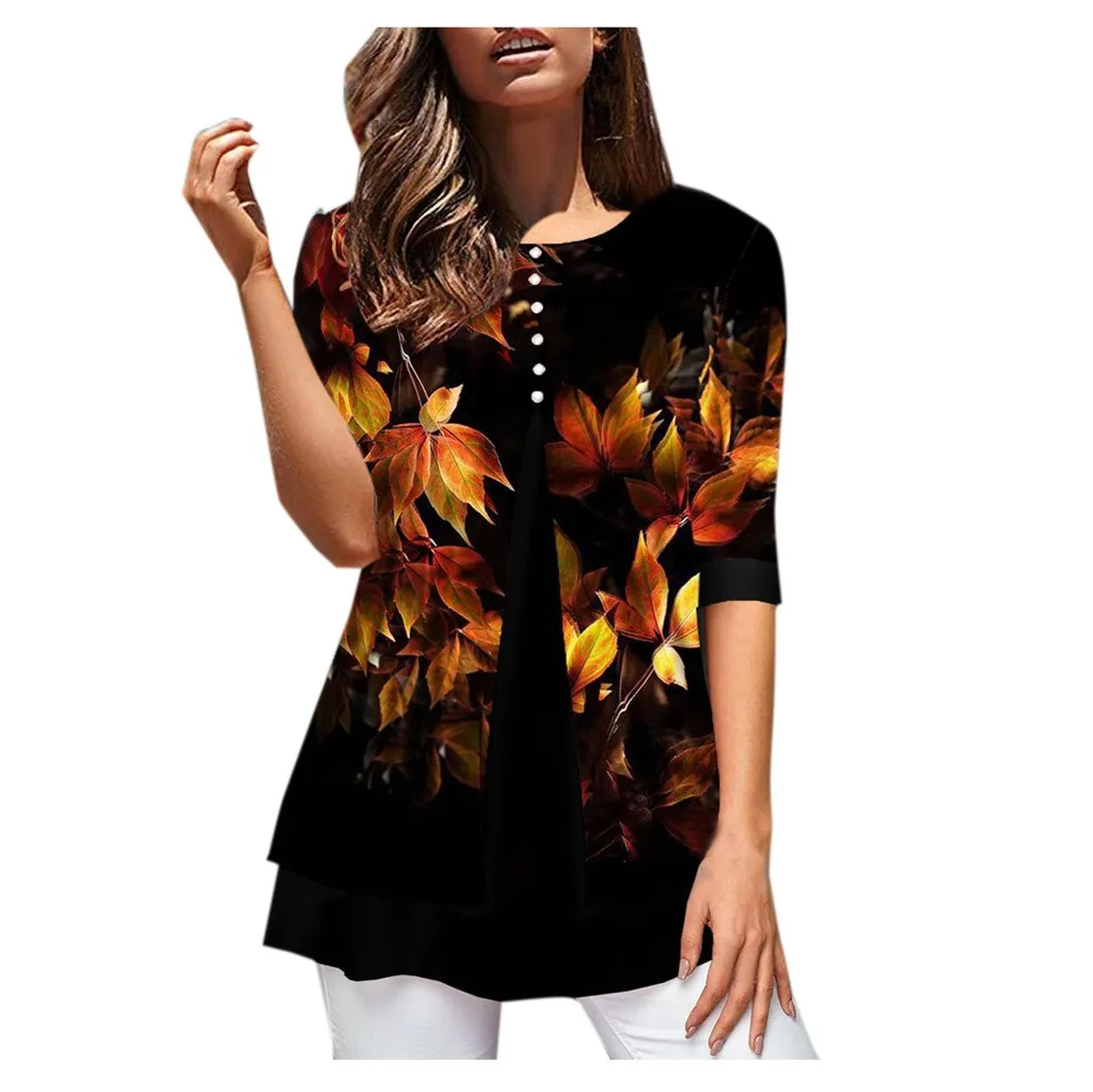 Poleras mujer de moda camiseta mujer футболка женская с коротким рукавом и круглым вырезом с принтом на пуговицах Повседневный пуловер свободная футболка femme