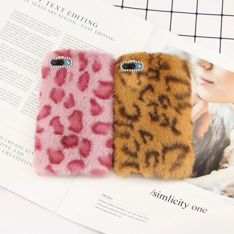 

Case For Honor 10 Fashion Leopard high quality Rabbit fur Winter Keep Warm Phone Case For Honor 10 Shiny diamond TPU Back Cover