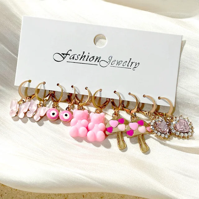 Flatfoosie 5Pair Pink Blue Heart Butterfly Drop Earrings Set For Women Boho Cute Star Moon Eye Dangle Earring 2022 Trend Jewelry 157903PK