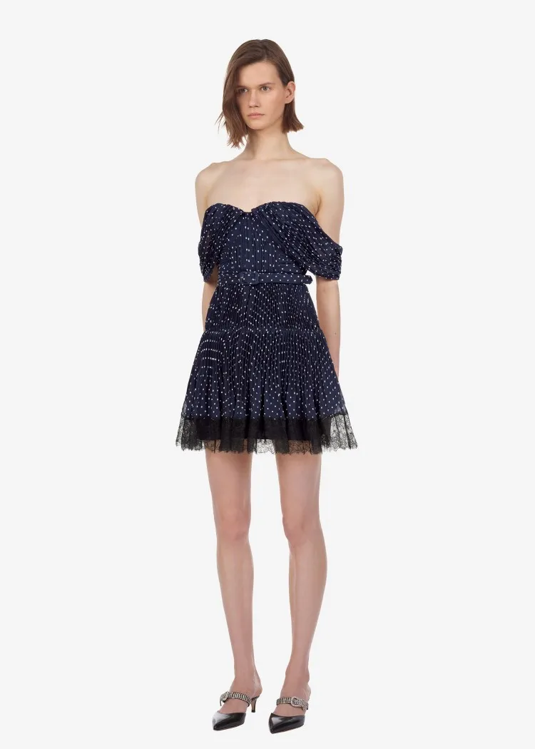 Summer Self Portrait Designer Dress Women Sexy Strapless Draped Mini Dress Navy Polka Dot Lace Chiffon Patchwork Dress