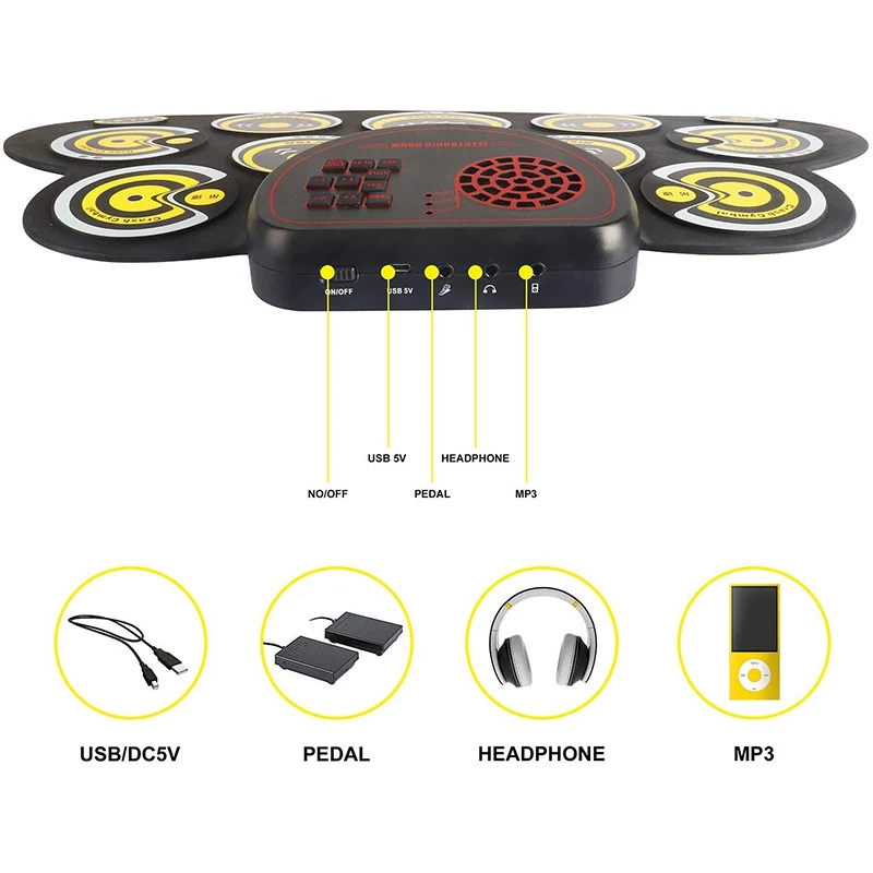 Electronic Drum Set Portable Electronic Roll Up Practice Pad Drum Kit with Built in Speakers Foot Pedals Drumsticks