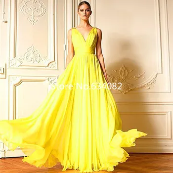 

Yellow Custom Made Fashion New Long Chiffon V-Neck A-Line Sleeveless Floor-Length Pleating Prom Gown 2018 bridesmaid dresses