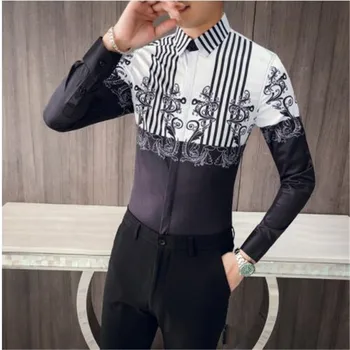 

Quality Men Shirt Korean Slim Fit Vintage Print Slim Fit Casual Shirts For Men Clothes 2019 Long Sleeve Business Dress Tuxedo