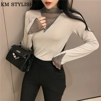 

Women's Clothings T-shirt Black Red Grey New Sexy Slim Fit Sparkling Diamond Patchwork Design Bottoming t Shirt Long Sleeve Top