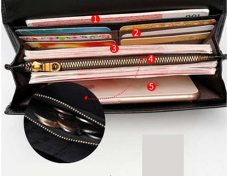 San Maries Solid Cow Leather Long Women Wallet Phone Bag Luxury Brand Wallets Designer Purse Card Holder Clutch Gift Box