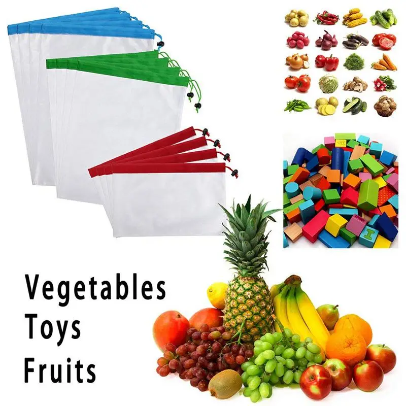 ABZC-12Pcs многоразовые мешки для хранения продуктов моющиеся сетчатые сумки продуктовые хозяйственные сумки для фруктов/овощей-3 различных размера