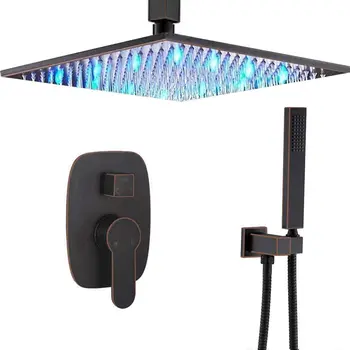 

Shower System Oil Rubbed Bronze 12 Inch LED Rainfall Shower Head Bathroom Ceiling Mounted Brass Shower Set