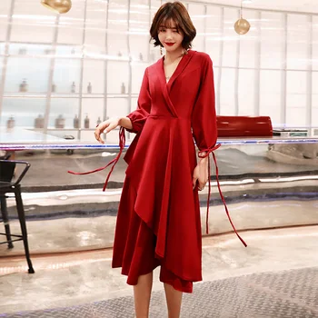 

Asymmetrical Lady Chinese Dress V-neck Formal Party Gown Plus Size 3XL Cheongsam Elegant Qipao Novelty Pleated Robe De Soiree