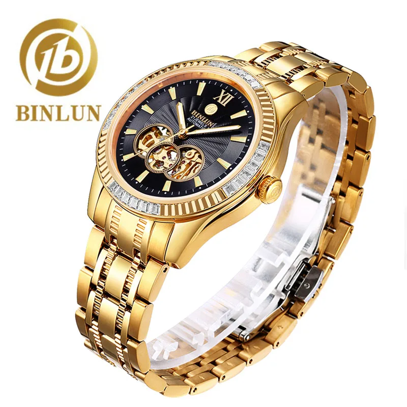 

BINLUN New Mechanical Men Business Style Watch Mens 18K Gold Plated Wristwatches Watches DAY/DATE Display Hollow Dial Watches