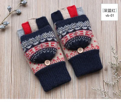 vb 01 blue red Зимние перчатки, Женские варежки, теплые перчатки без пальцев, шерстяные, бархатные, утепленные, теплые, открытые, перчатки для пальцев, зимняя Дамская Варежка - Цвет: vb 01 blue red