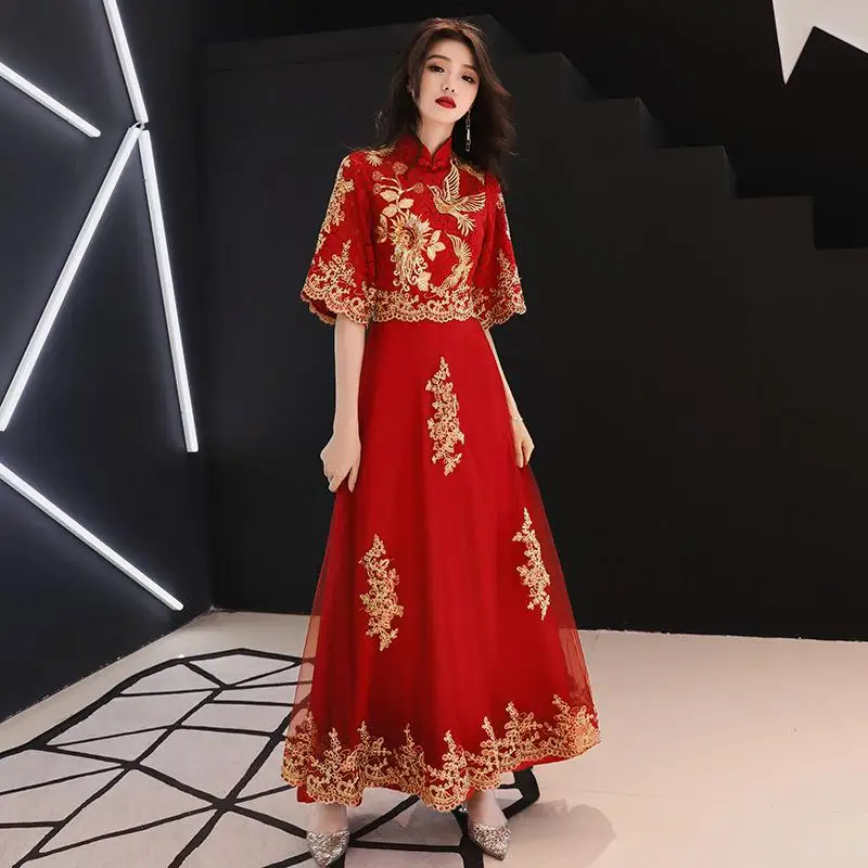 Китайское платье с вышивкой Cheongsam женское красное свадебное платье элегантное вечернее платье Qipao благородный халат De Soiree - Цвет: red c