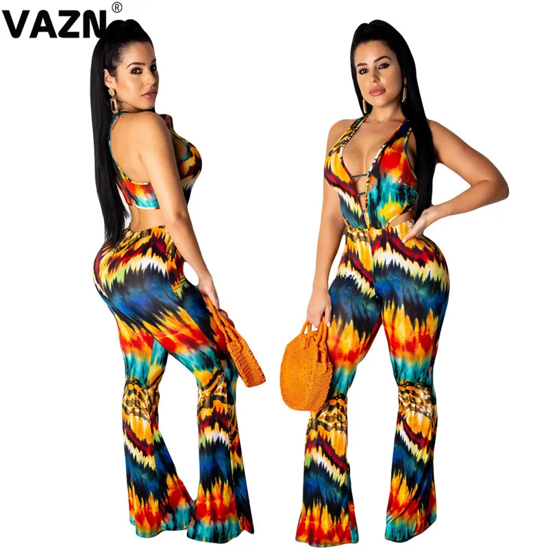 VAZN GDAN18155 high quality girl colorful print jumpsuit sleeveless long pant jumpjsuits halter sexy club bandage wind rompers