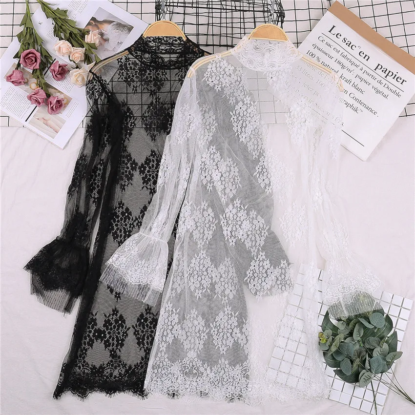 2019 New Fashion Autumn Women Hollow Out Lace Blouses Turtleneck Mesh Shirts All-match Lady Tops Pullovers Brief Bottomings 907 2
