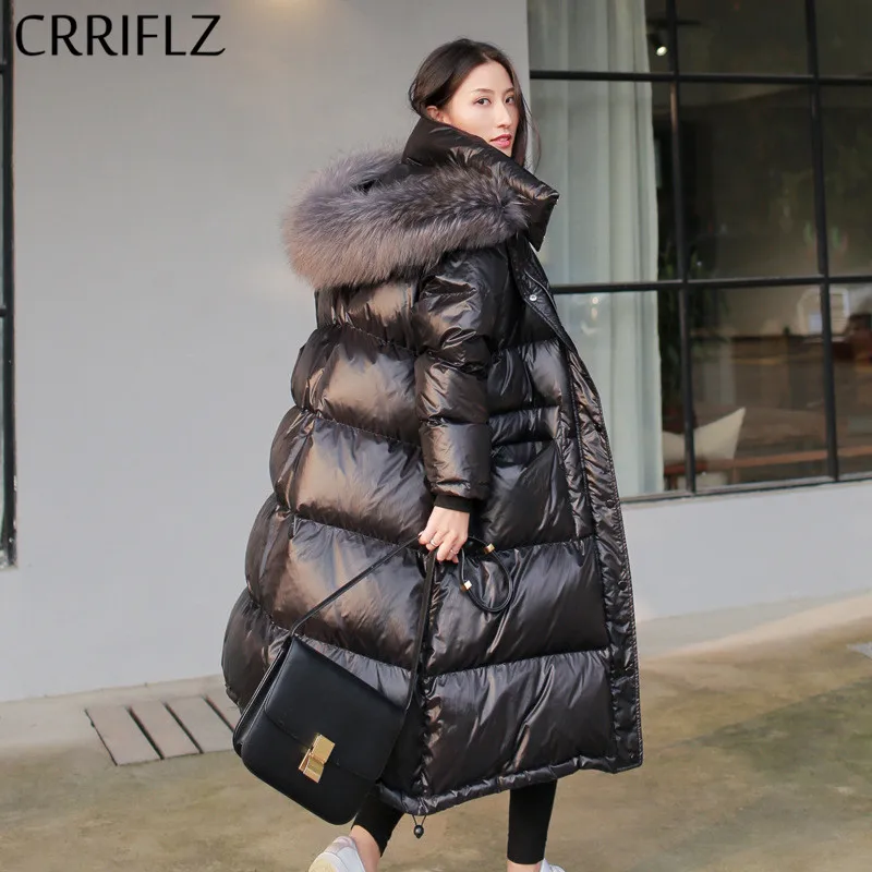 

fashion raccoon fur women's winter down jacket long thick warm black hooded down coat stand collar windproof loose female coat