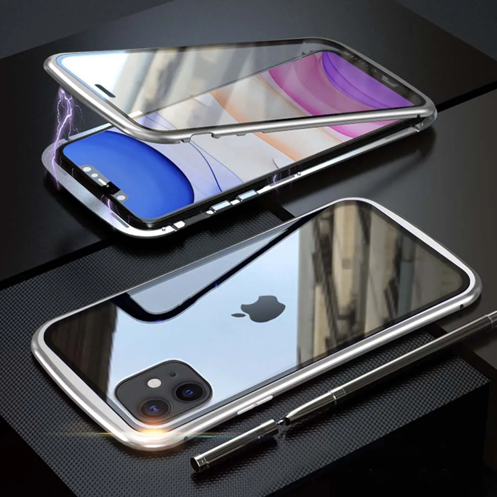 Металлический бронированный Магнитный чехол для телефона для iPhone 11 Pro Max 360 Защитный чехол для всего тела двухсторонний прозрачный чехол из закаленного стекла