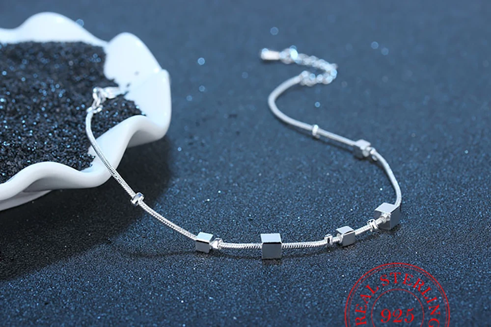 Square Beads Anklet For Women 925 Sterling Silver Jewelry
