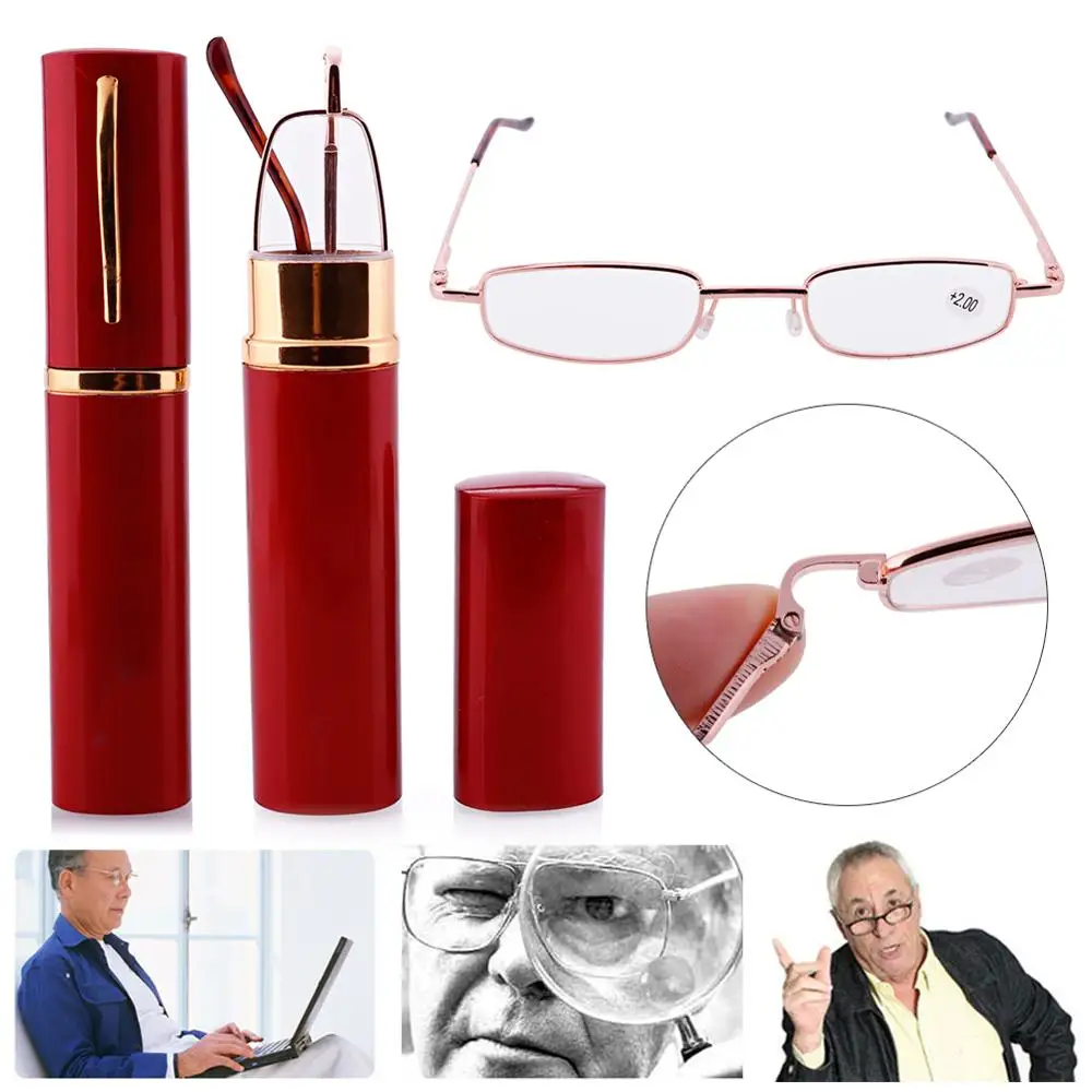 

Unisex Women Men Gifts the Old Portable Metal Reading Glasses Spring Hinge With Tube Case +1.0~+4.0 Strength with Spring Frame