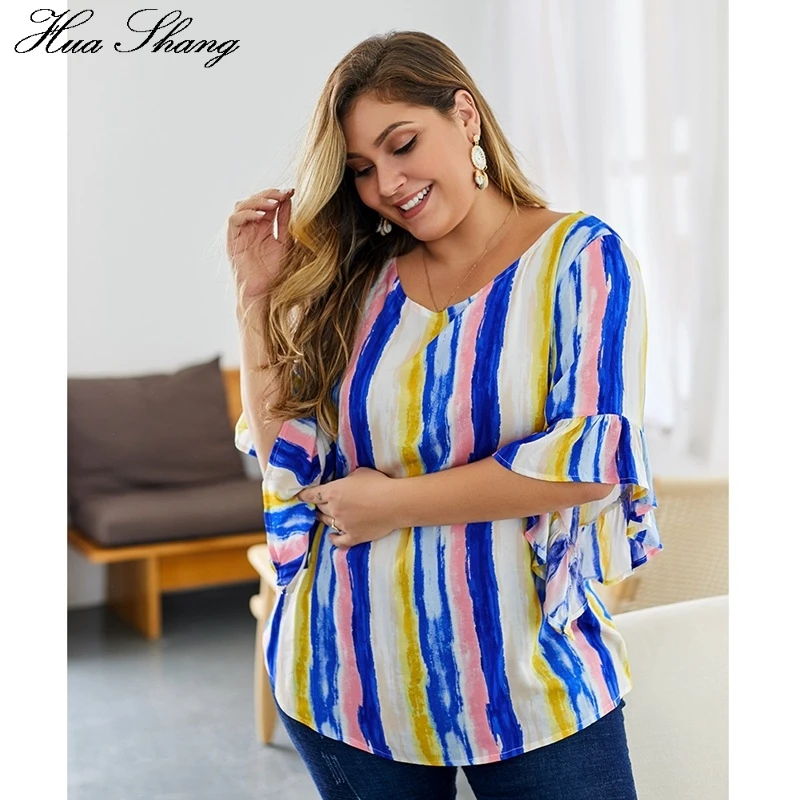 Плюс размер блузка женская летняя Короткие рукава с оборками разноцветная цветная полосатая печать Элегантная блузка свободный женский жакет Топы
