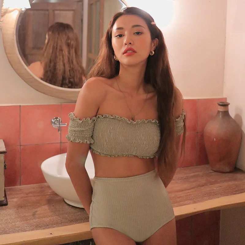 

South Korea Bathing Suit Women's Split Type High-waisted Belly Covering Slimming Small Bust Gathering Bikini Frilled GIRL'S Mint