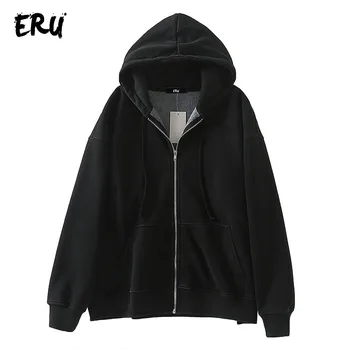 

ERU black casual zip up sweatshirt women winter 2019 long sleeve oversized hoodies streetwear cotton loose sweatshirts mujer