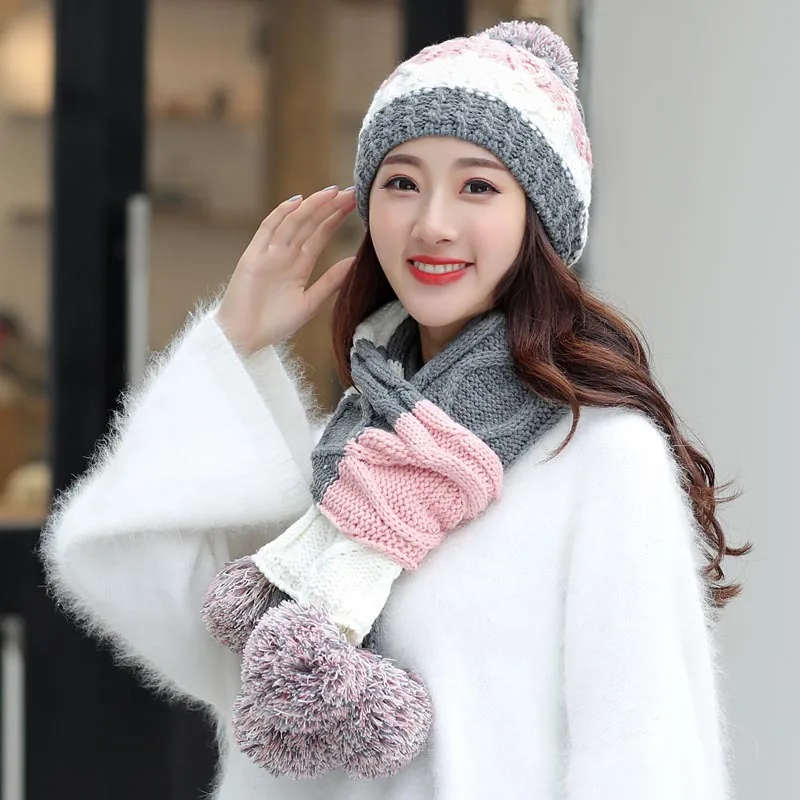 pink Женская шапка Skullies Beanie и шарфы перчатки из трех частей зимние шапки для женщин шарф-перчатка набор Kitted шерстяная Круглая Шапочка сохраняющая тепло - Цвет: pink