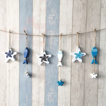 

1 Pcs Mediterranean Starfish Hung Fish Nautical Decor hang small adorn Wood Crafts decorated marine pendant For Kid Room