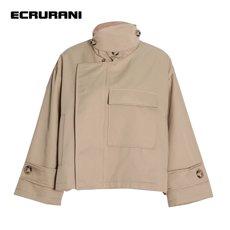 

ECRURANI Black Casual Jackets For Women Stand Collar Long Sleeve Patchwork Pockets Loose Coats Females 2022 Fashion New Clothing