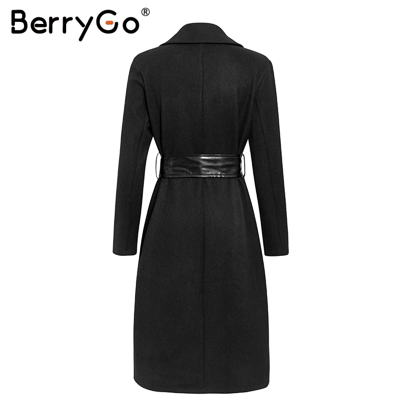 BerryGo сексуальное Модное теплое шерстяное черное пальто дамское Элегантное длинное пальто с жемчужным карманом женский пояс с поясом осенне-зимние пальто