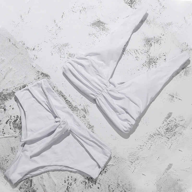Глубокий купальные костюмы V-Neck для женщин, высокая талия, бикини, набор, Одноцветный купальный костюм модная летняя купальник с узлом, женский бикини, новинка - Цвет: -2