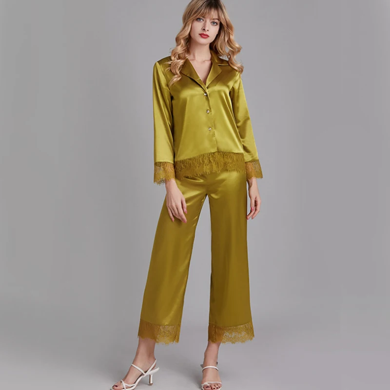 

2020 Silk Pajama Sets For Women Luxury Long Sleeve Pyjamas Sleepwear Oversize 2 Pcs Button UP Pijama With Bags Sexy Homewear