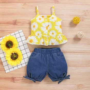 

Baby Girls Suspender Sunflower Vest Tops+Denim Shorts Girl Clothes Skirt Set Summer Outfits Kids Clothes For Girls Clothing