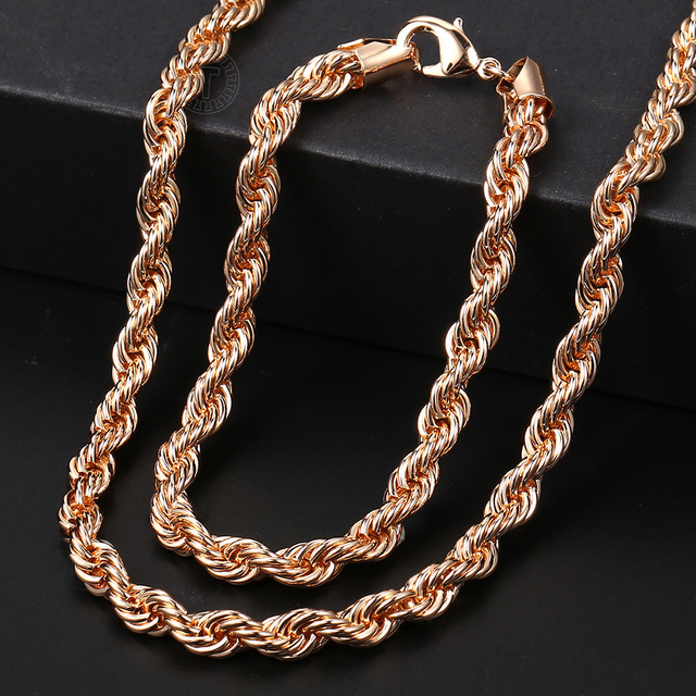 Women's Jewelry Sets 585 Rose Gold Bracelet Necklace Set Double Curb Cuban Weaving Bismark Chain 2021 Wedding Gift KCS04