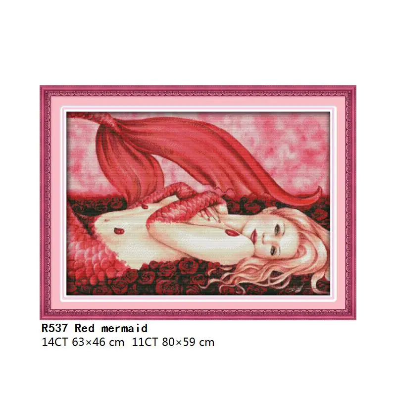 

Joy Sunday Cross Stitch Kits Red Mermaid Embroidery Needlework Counted Fabric 11CT 14CT Printed Stamped Crafts Thread Decor Sets