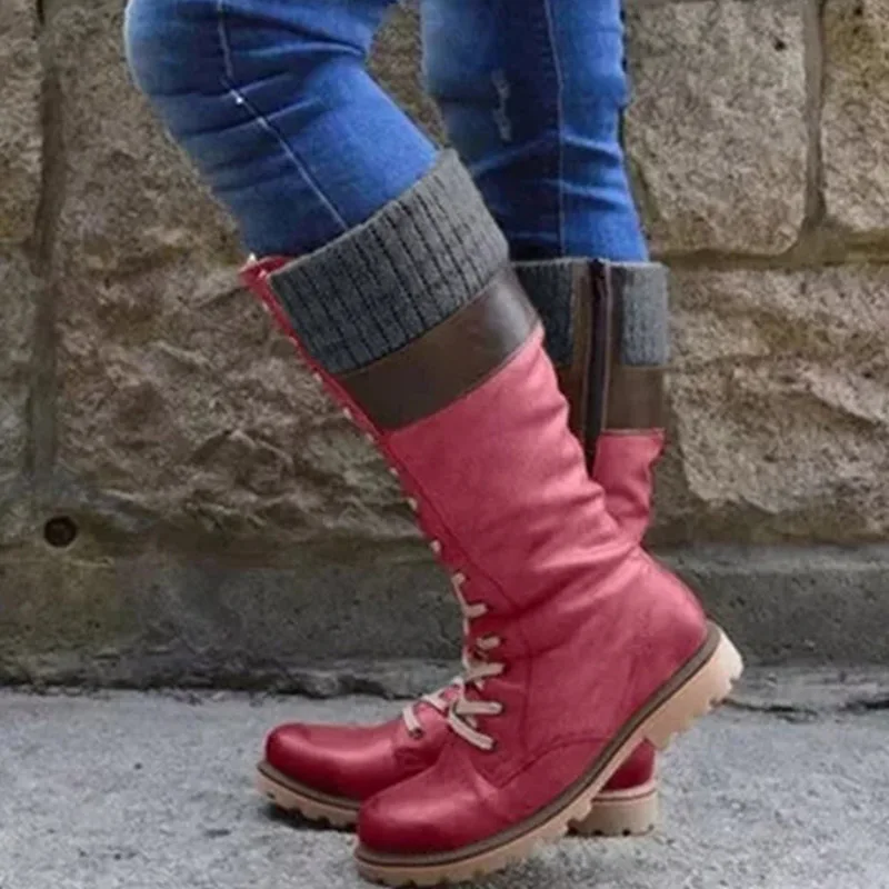 MCCKLE/Женские ботинки в британском стиле; теплые ботинки до середины икры; зимняя обувь; Женская водонепроницаемая обувь на молнии со шнуровкой; женская прошитая обувь в стиле ретро - Цвет: red