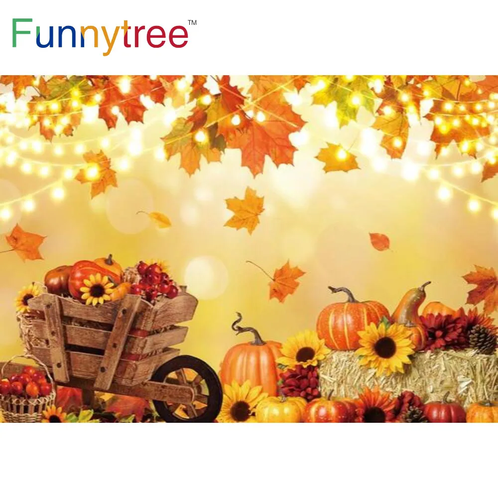 

Funnytree Autumn Blessing Pumpkin Maple Falling Leaves Lights Banner Backdrop Haystack Cart Sunflowers Harvest Photo Background