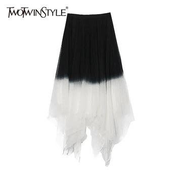 

TWOTWINSTYLE Casual Asymmteircal Mesh Women Skirts High Waist Patchwork Hit Color Irregular Hem Skirt For Female Fashion Clothes