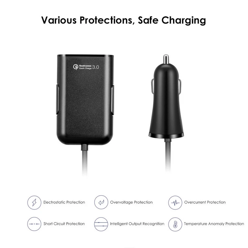 4 порта USB Автомобильное зарядное устройство Quick Charge 3,0 зарядное устройство для телефона адаптер 5.6ft удлинитель для Автомобиля Заднее Сиденье зарядка портативный автомобильный штекер