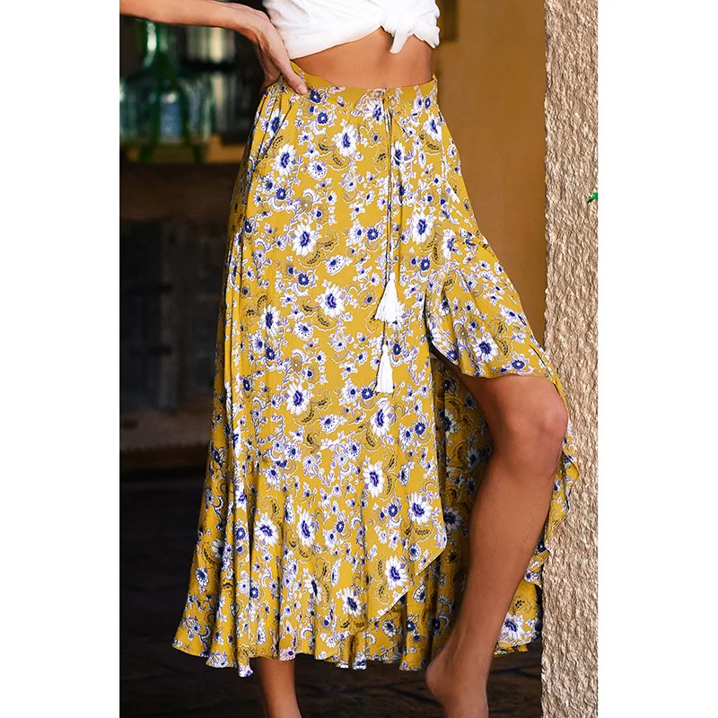

Long Yellow Beach Bohemian Women Skirt Split Ruffle Summer 2019 Tassel High Waist Skirts Casual Female Skirts Drop Shipping