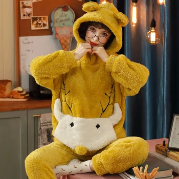 

Winter Warm Pajamas Set Women Thick Long Sleeve Coral Velvet Cartoon Sleepwear Flannel Pyjama Set for Girl Home Clothing W1539